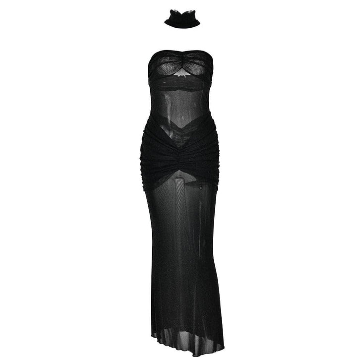 Sweetheart neck ruched see through glitter tube maxi dress  | Festival Outfits Women