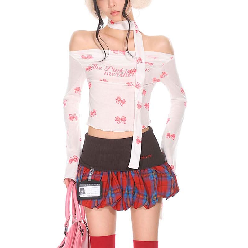 Long sleeve bowknot print ruffle off shoulder top  | Festival Outfits Women
