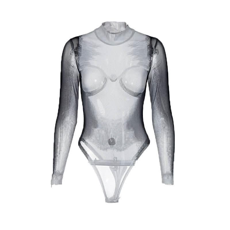 Sheer mesh see through body print high neck long sleeve bodysuit-final-sale  | Festival Outfits Women