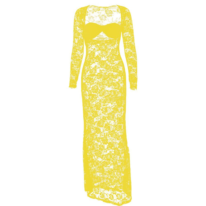 Long sleeve lace see through sweetheart neck maxi dress  | Festival Outfits Women