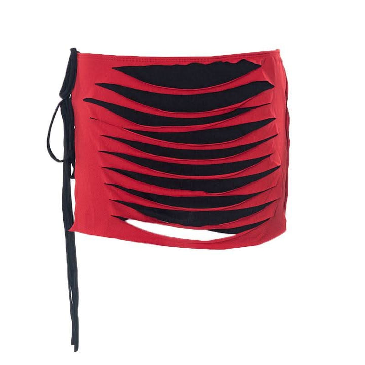 Contrast low cut hollow out self tie irregular mini skirt set-final-sale  | Festival Outfits Women