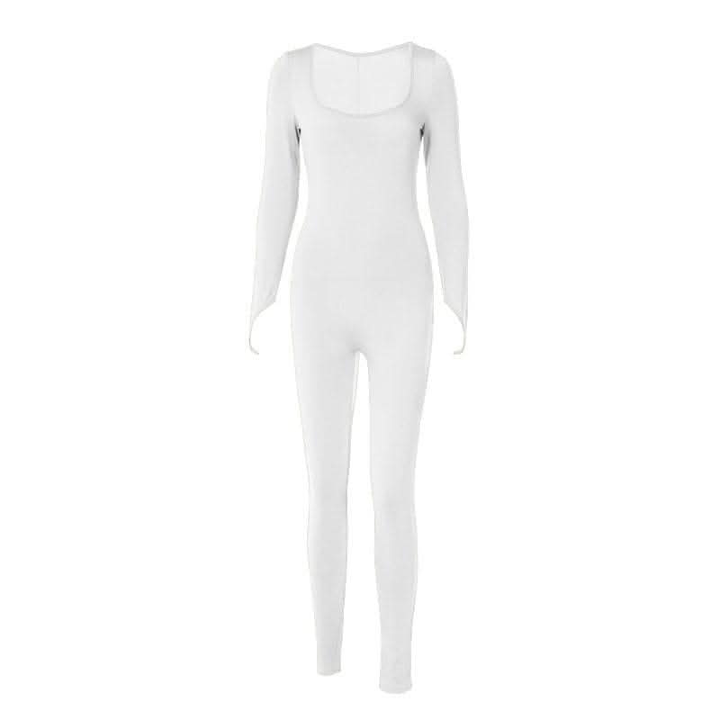 Long sleeve solid u neck slit jumpsuit- Final Sale-final-sale  | Festival Outfits Women