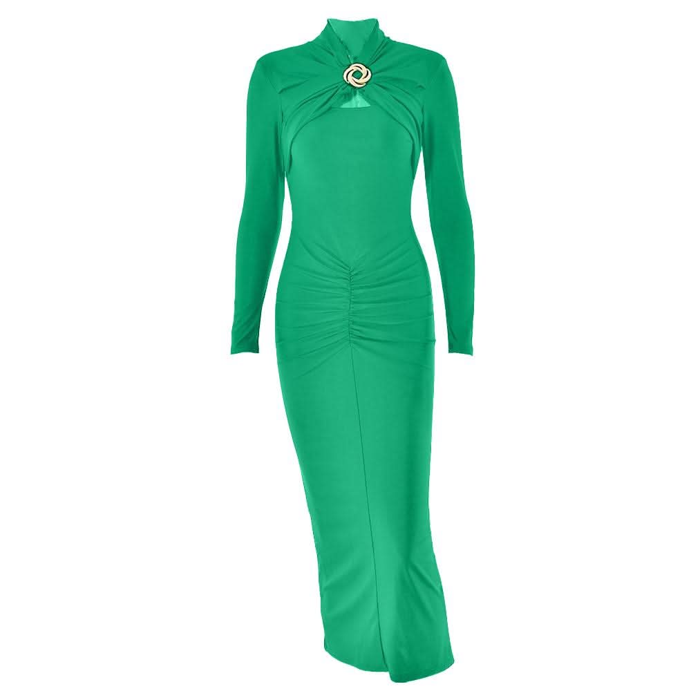 Hollow out long sleeve ruched slit solid cut out midi dress  | Festival Outfits Women