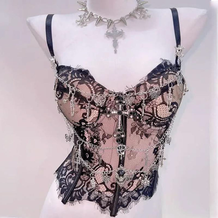 Sweetheart neck lace hem metal chain cami top  | Festival Outfits Women