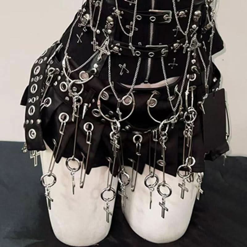 Sweetheart neck metal chain skull applique zip-up top  | Festival Outfits Women