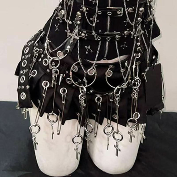 Sweetheart neck metal chain skull applique zip-up top  | Festival Outfits Women