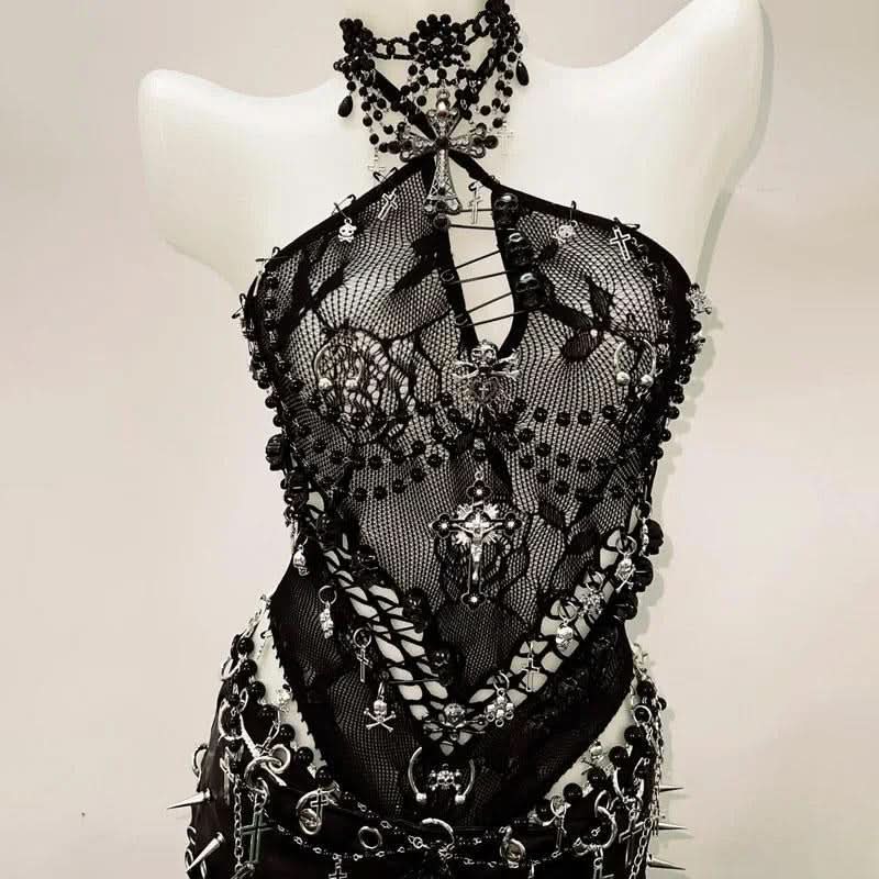 Halter hollow out beaded zip-up cut out top  | Festival Outfits Women