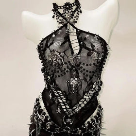 Halter hollow out beaded zip-up cut out top  | Festival Outfits Women