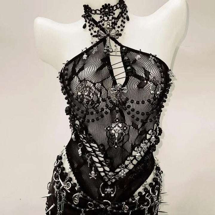 Halter hollow out beaded zip-up cut out top  | Festival Outfits Women