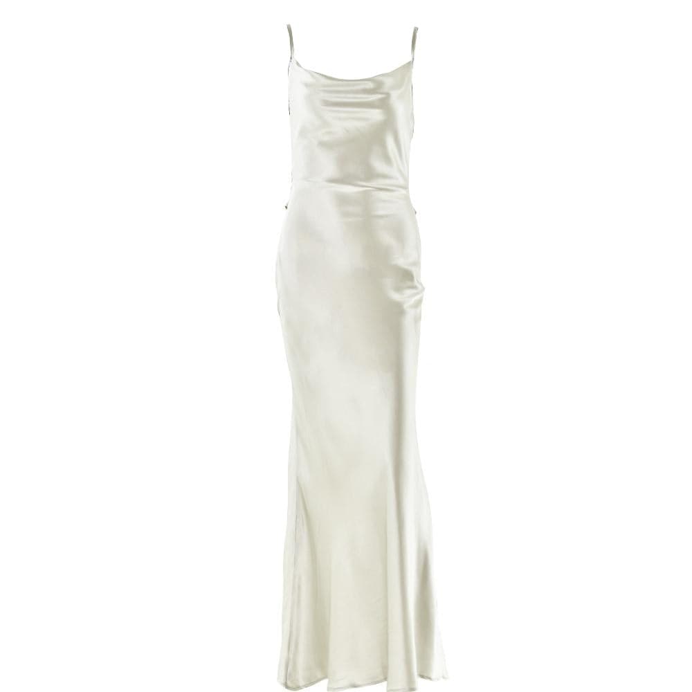 Cowl neck satin flower applique backless cami maxi dress  | Festival Outfits Women