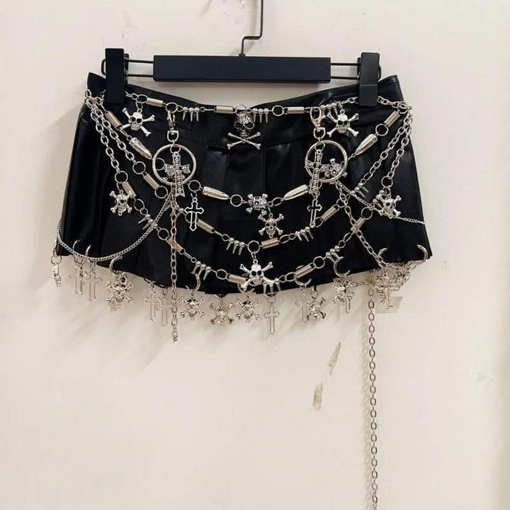 Metal chain o ring pleated skull applique mini skirt  | Festival Outfits Women