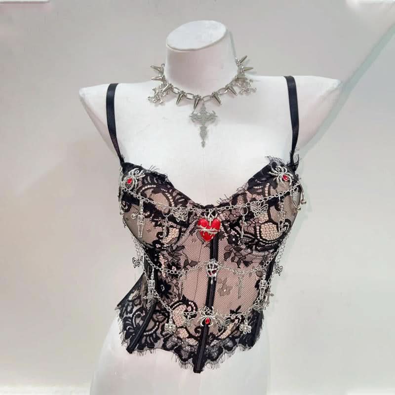 Sweetheart neck lace hem metal chain cami top  | Festival Outfits Women