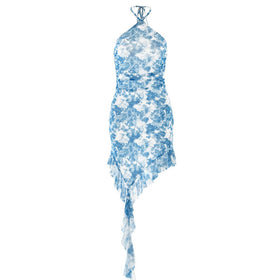 Halter ruffle tie dye irregular backless mini dress  | Festival Outfits Women