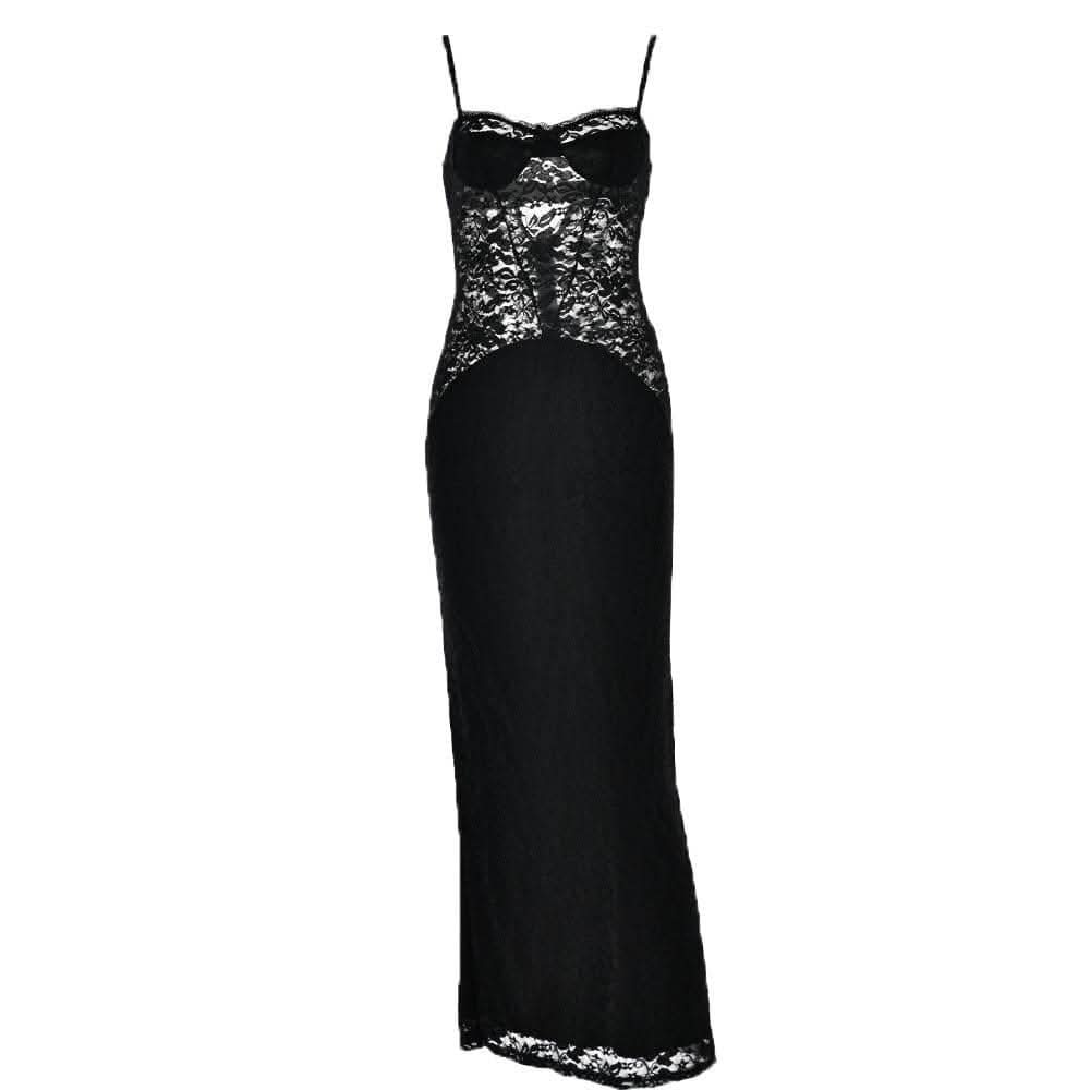 Button slit zip-up solid lace low cut maxi dress-final-sale  | Festival Outfits Women