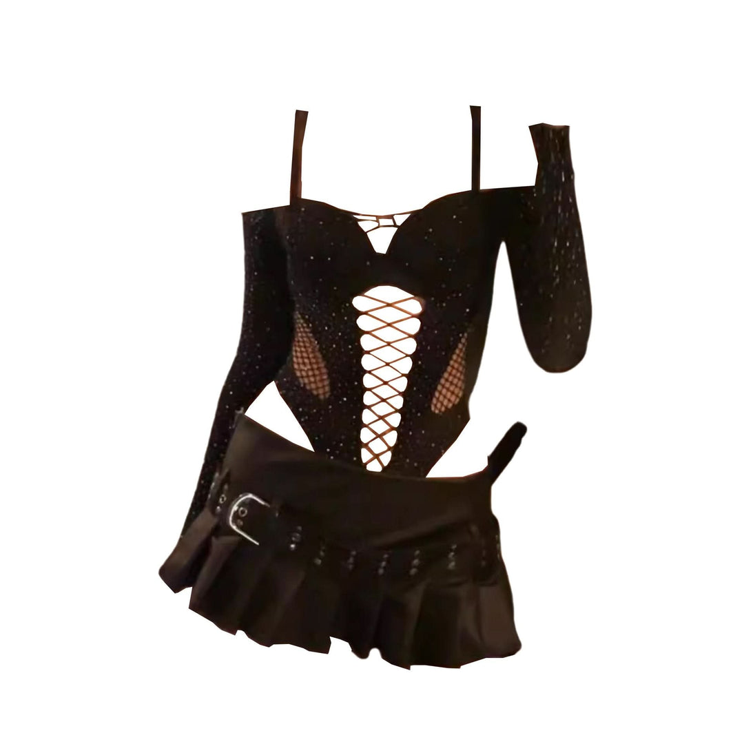 Long sleeve hollow out off shoulder pleated mini skirt set  | Festival Outfits Women