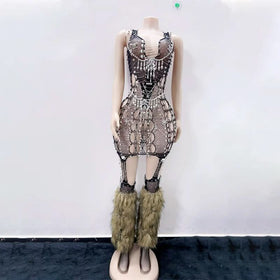 Skull fishnet metal chain suspender mini dress  | Festival Outfits Women