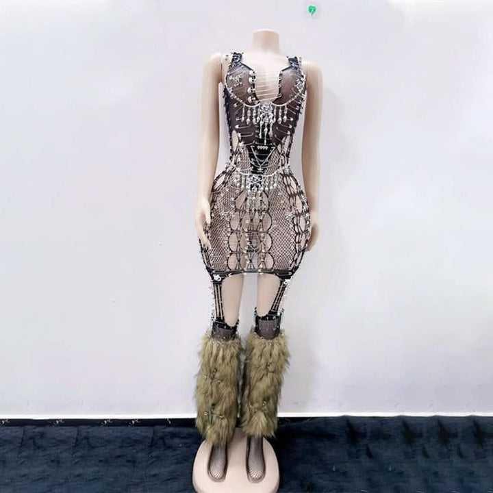Skull fishnet metal chain suspender mini dress  | Festival Outfits Women