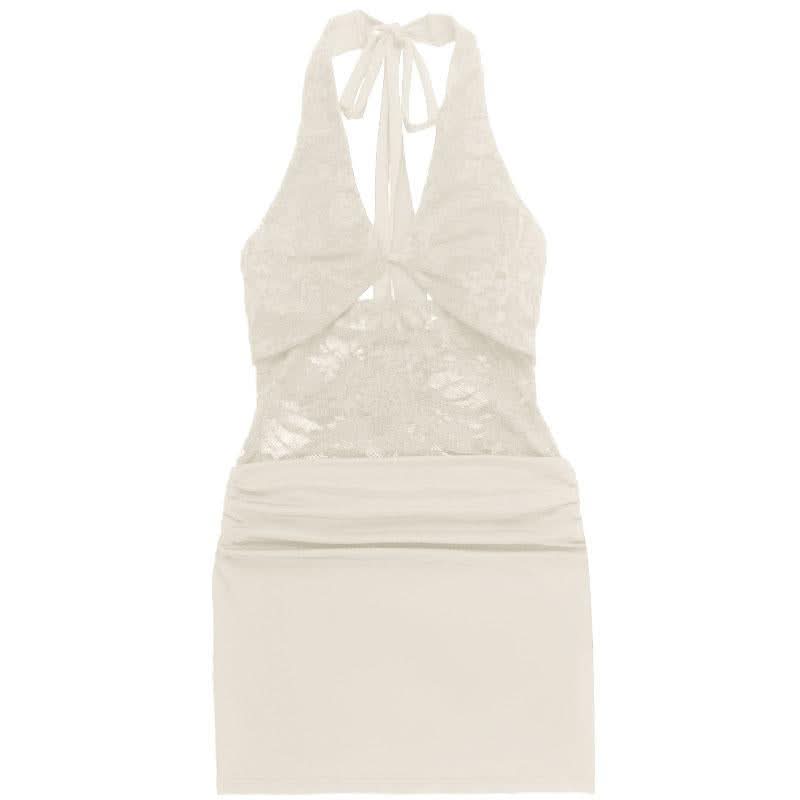 Halter self tie hollow out lace ruched cut out mini dress  | Festival Outfits Women