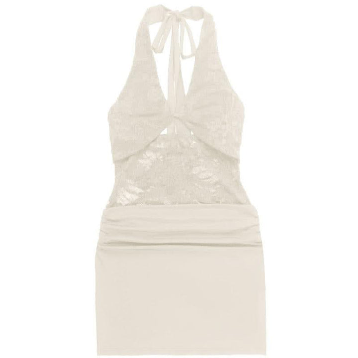 Halter self tie hollow out lace ruched cut out mini dress  | Festival Outfits Women