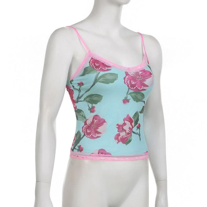 Lace hem flower print v neck contrast mesh top-final-sale  | Festival Outfits Women