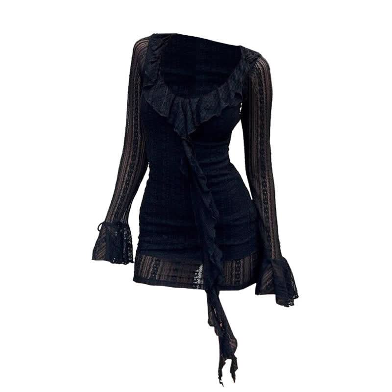 Long flared sleeve u neck lace ruffle mini dress-final-sale