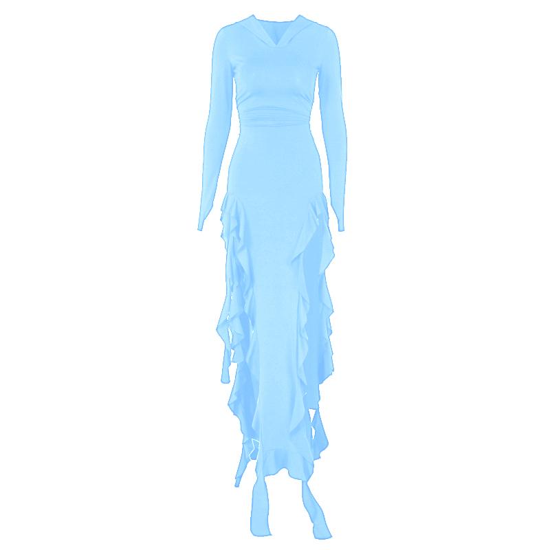 Riga mai dogon hannu mai hular gashi mai ruffle maxi | Kayan Biki na Mata