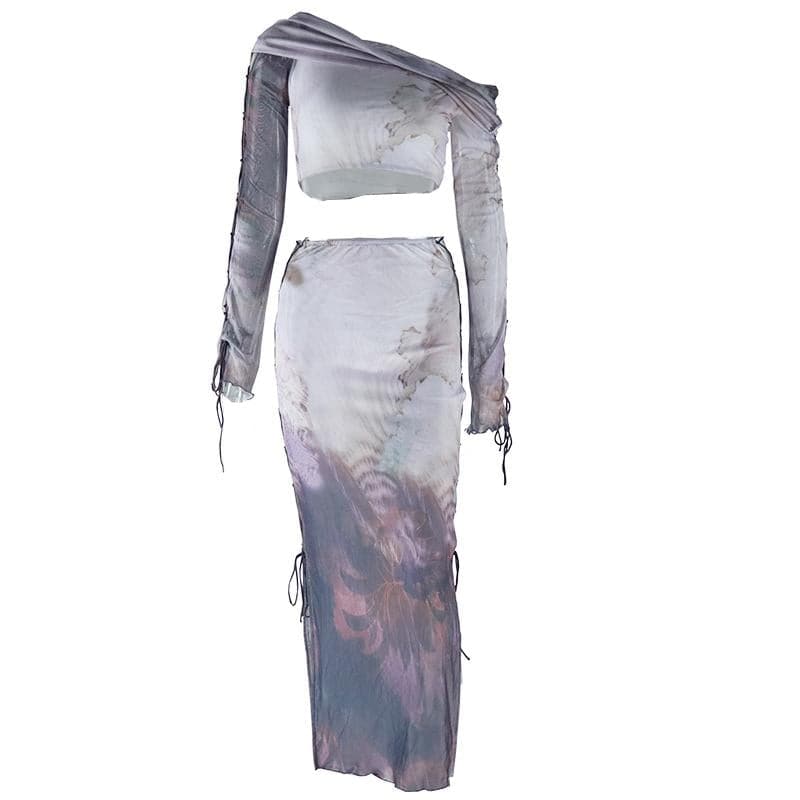 Long sleeve one shoulder lace up print ruched midi skirt set  | Festival Outfits Women