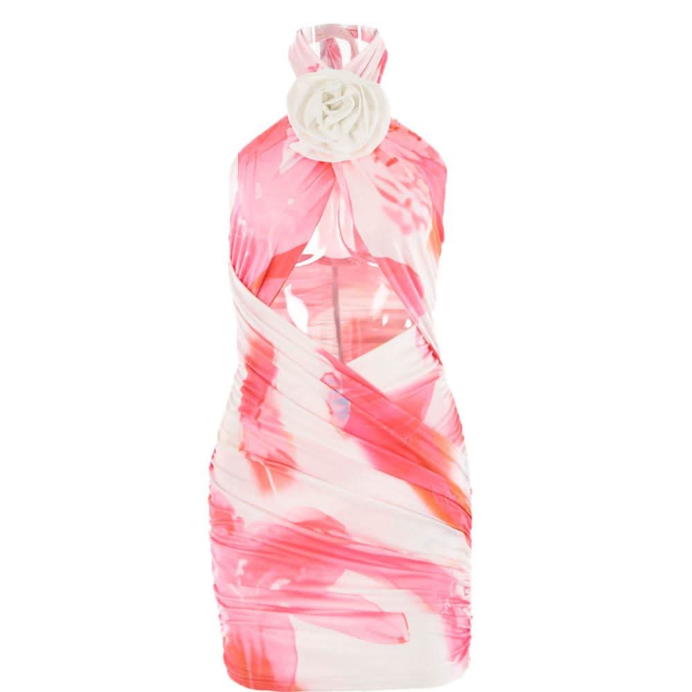 Flower applique cross front ruched contrast self tie mini dress-final-sale  | Festival Outfits Women