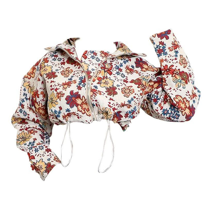 Zip-up long sleeve drawstring flower print top  | Festival Outfits Women