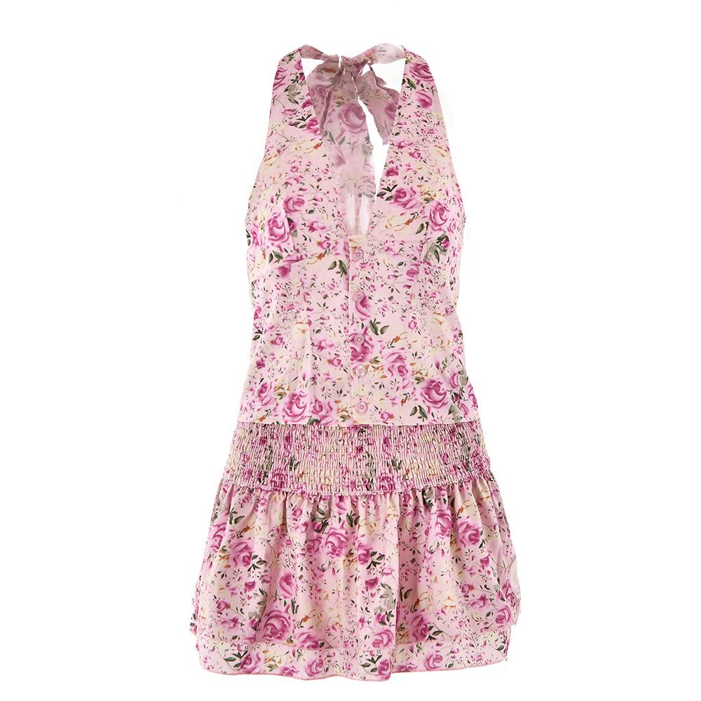 Halter smocked button flower print mini skirt set  | Festival Outfits Women