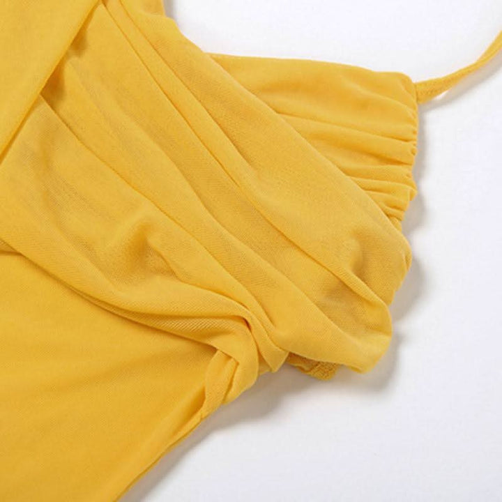 Irregular mesh v neck ruched solid cami maxi dress  | Festival Outfits Women