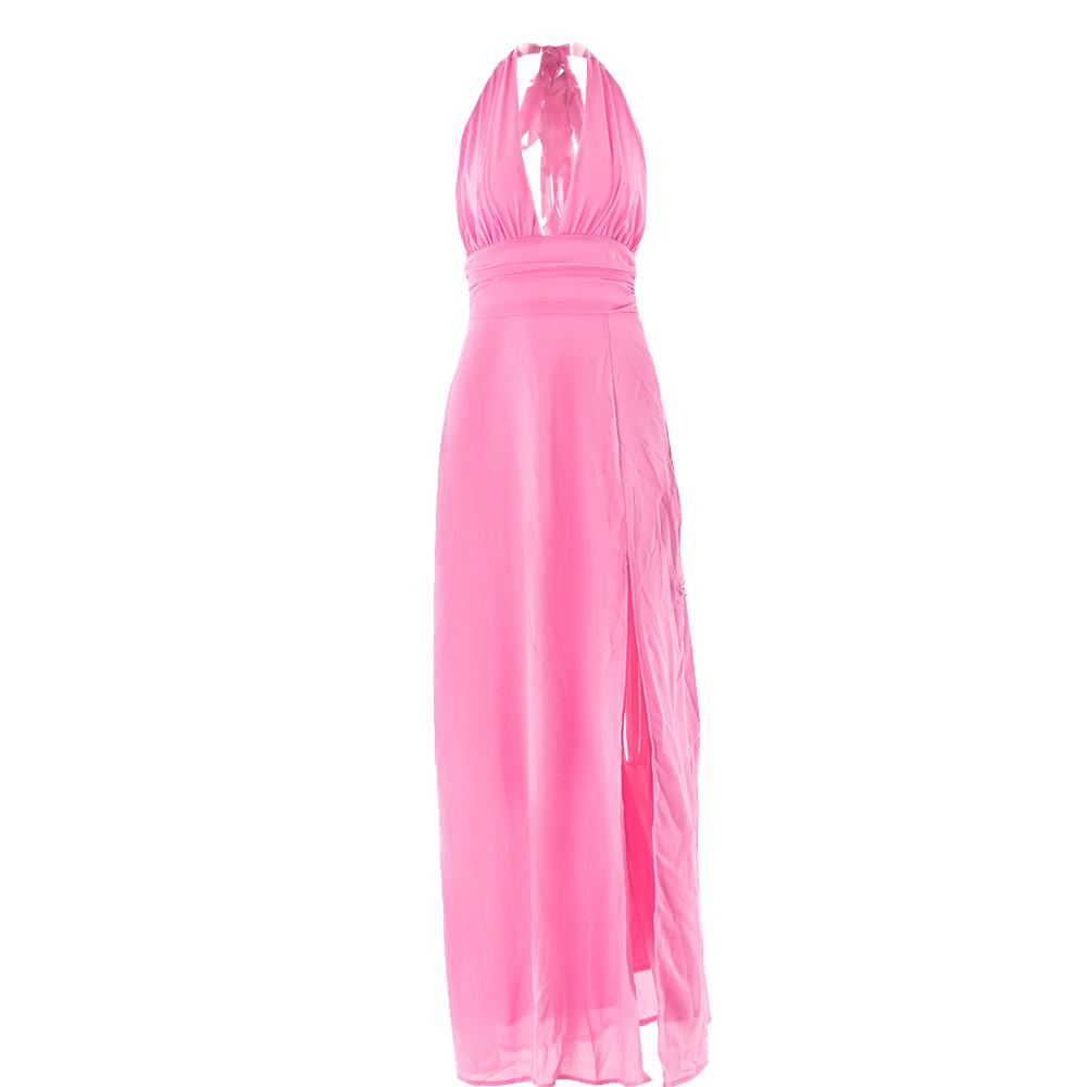 Halter deep v neck ruched high slit maxi dress  | Festival Outfits Women