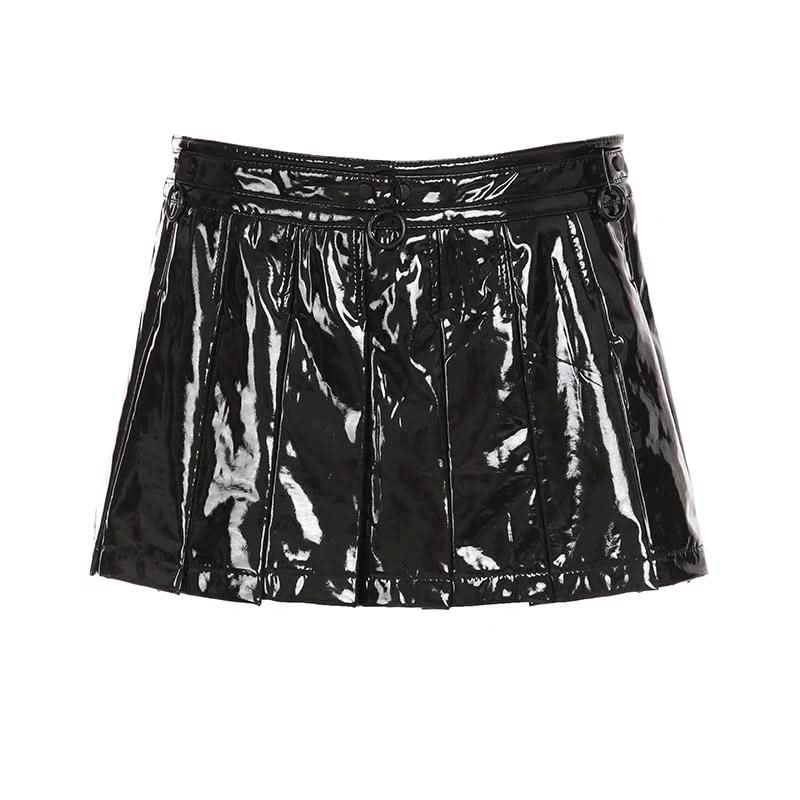 PU leather pleated A line o ring mini skirt Cargo Mini Skirt  | Festival Outfits Women