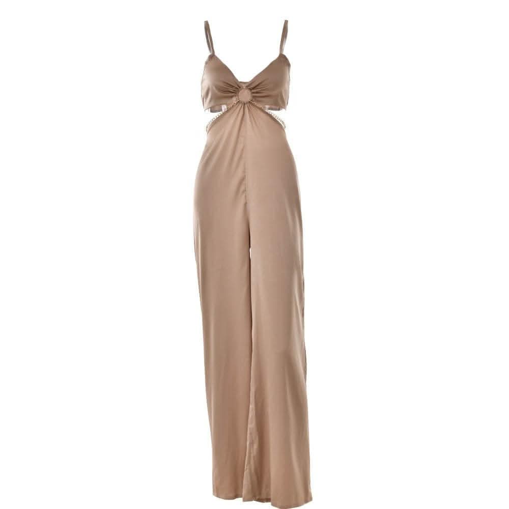Ruched solid o ring v neck satin hollow out cami jumpsuit-final-sale  | Festival Outfits Women
