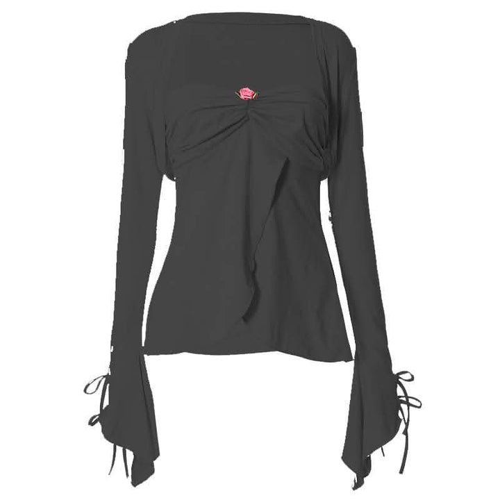 Long sleeve self tie ruched flower applique ruffle solid mini skirt set-final-sale  | Festival Outfits Women