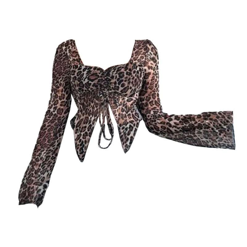 Mesh long sleeve v neck leopard print ruched top  | Festival Outfits Women  | Cheetah Print Top