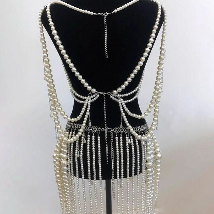 Beaded metal chain hollow out faux pearl cut out top  | Festival Outfits Women