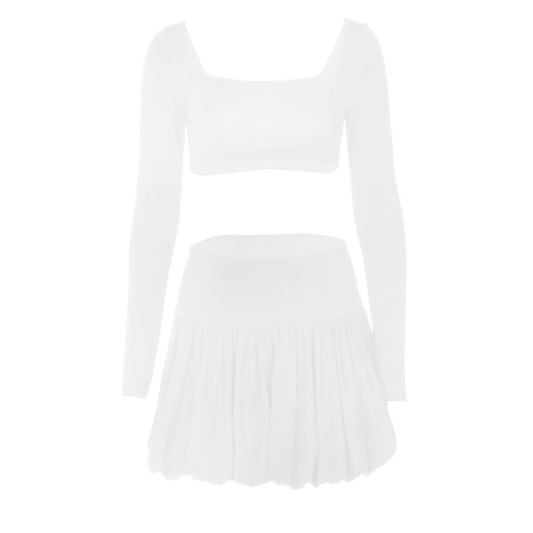 Long sleeve square neck ruched solid mini skirt set  | Festival Outfits Women