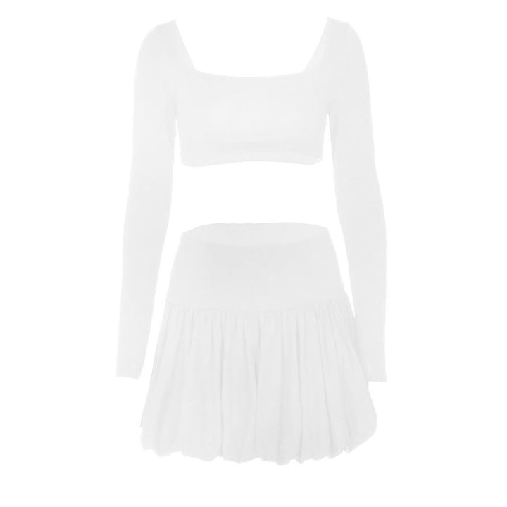 Long sleeve square neck ruched solid mini skirt set  | Festival Outfits Women