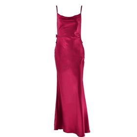 Cowl neck satin flower applique backless cami maxi dress  | Festival Outfits Women