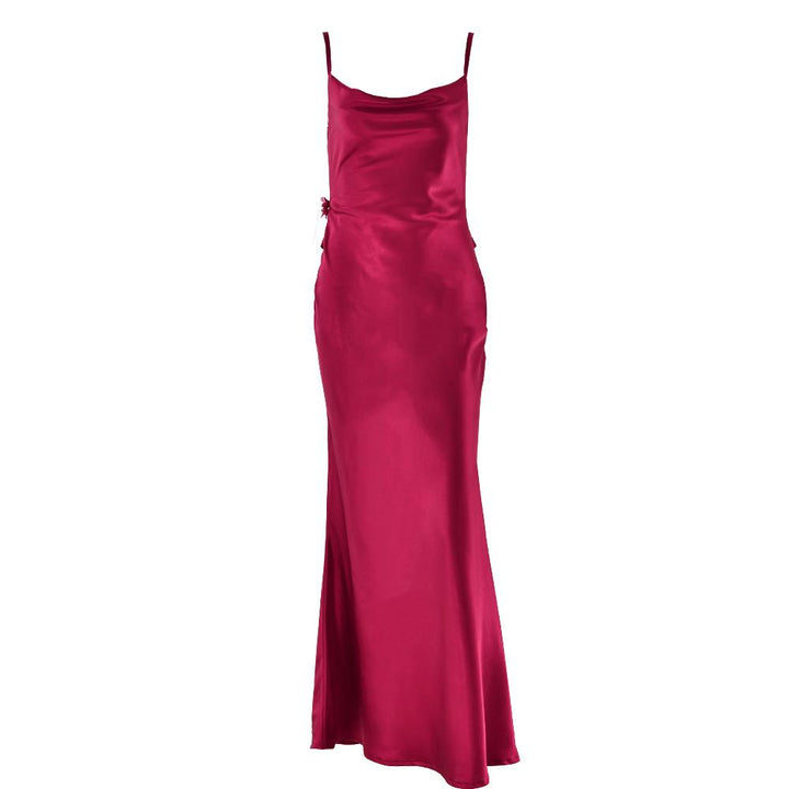 Cowl neck satin flower applique backless cami maxi dress  | Festival Outfits Women