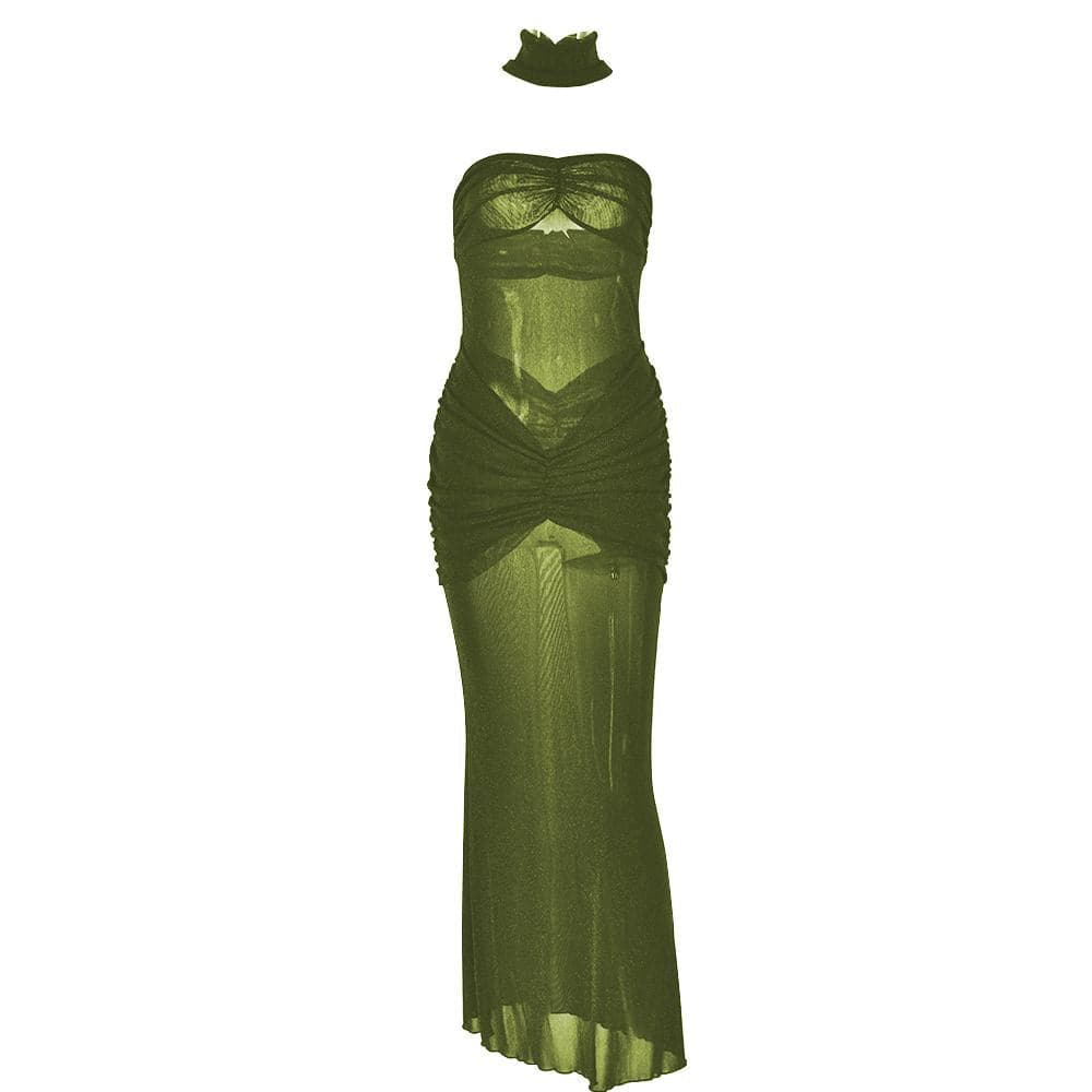 Sweetheart neck ruched see through glitter tube maxi dress  | Festival Outfits Women