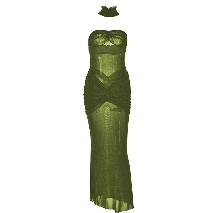 Sweetheart neck ruched see through glitter tube maxi dress  | Festival Outfits Women