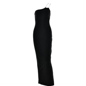 Metal chain one shoulder solid slit maxi dress-final-sale  | Festival Outfits Women