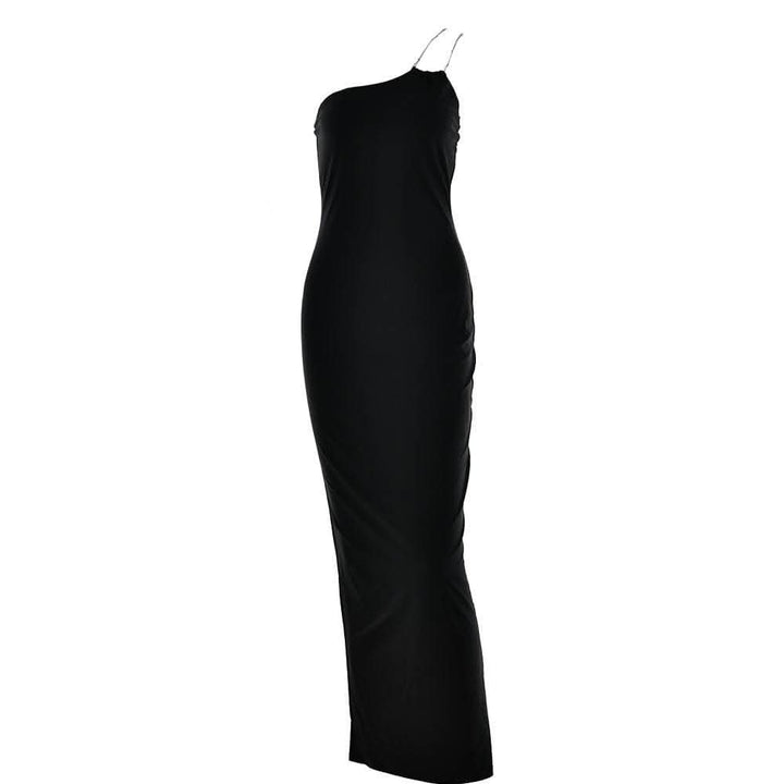 Metal chain one shoulder solid slit maxi dress-final-sale  | Festival Outfits Women