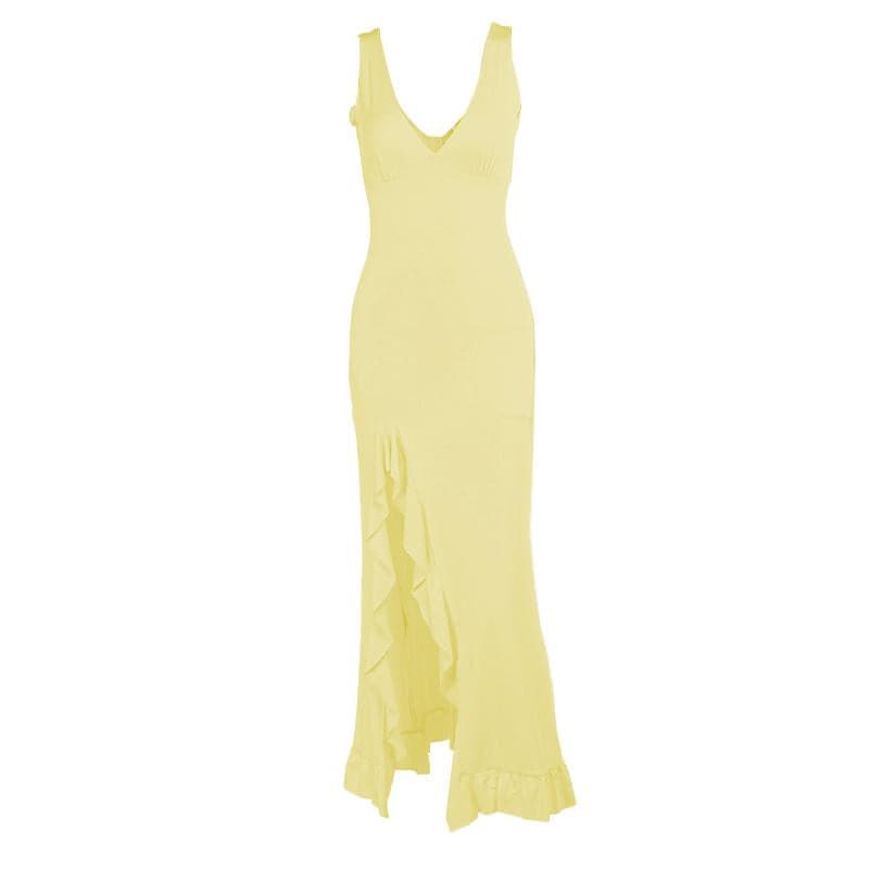Deep v neck ruffle slit ruched cami maxi dress  | Festival Outfits Women