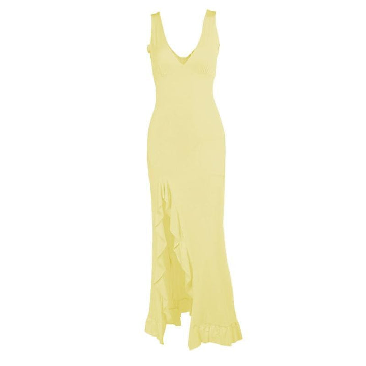 Deep v neck ruffle slit ruched cami maxi dress  | Festival Outfits Women
