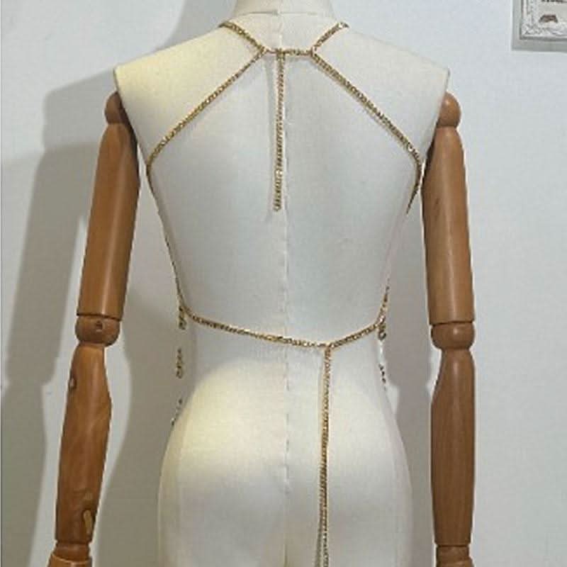 Metal chain beaded hollow out backless cut out top  | Festival Outfits Women