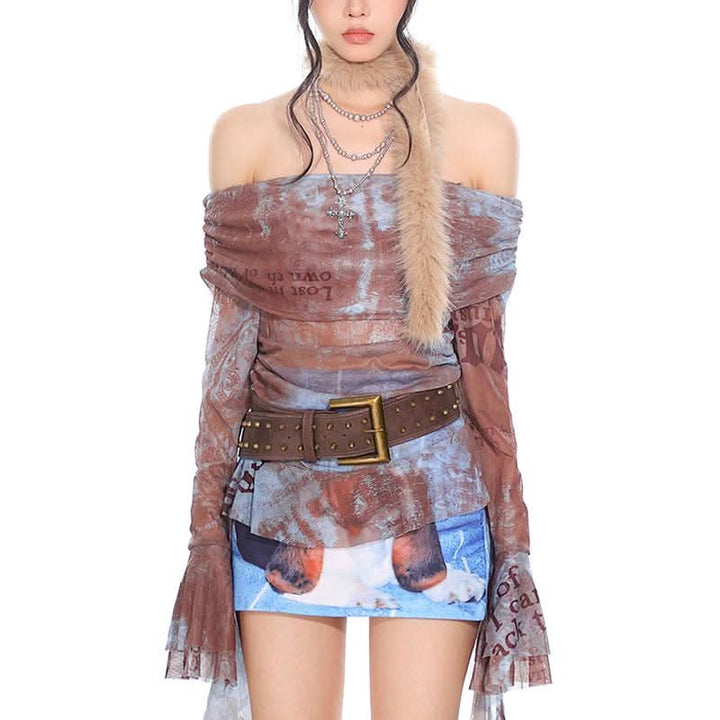 Long sleeve mesh print off shoulder ruched top  | Festival Outfits Women