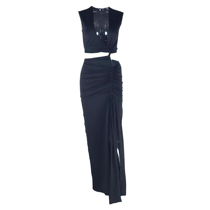 Irregular ruched slit hollow out v neck cut out maxi dress  | Festival Outfits Women
